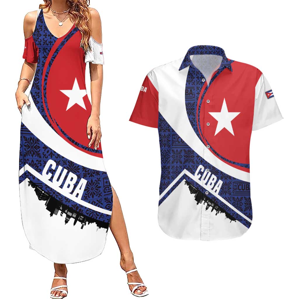 Cuba Flag Couples Matching Summer Maxi Dress and Hawaiian Shirt Red White and Blue Design with Cuban Star and Havana City Skyline - Wonder Print Shop