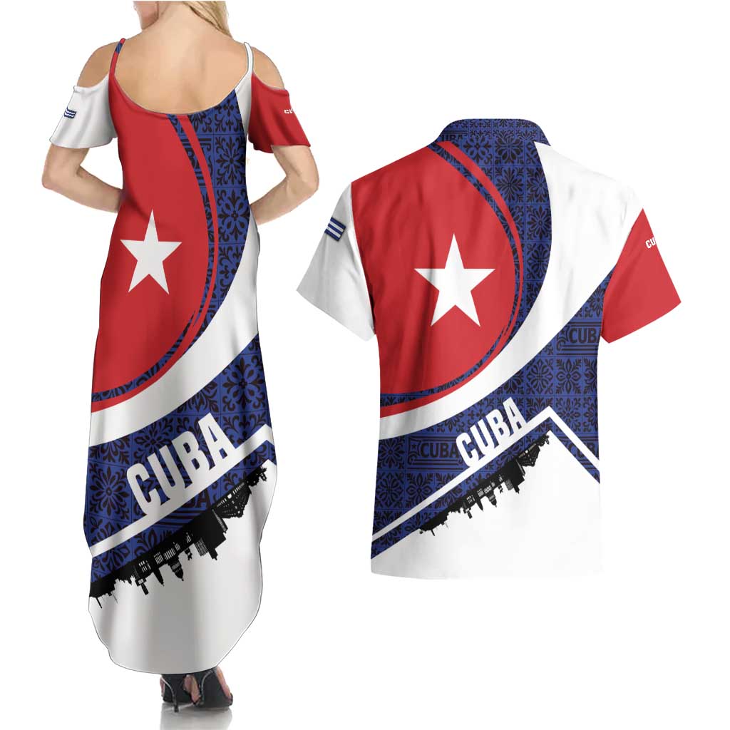 Cuba Flag Couples Matching Summer Maxi Dress and Hawaiian Shirt Red White and Blue Design with Cuban Star and Havana City Skyline - Wonder Print Shop