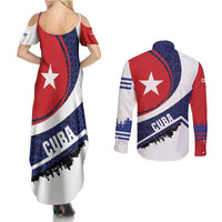 Cuba Flag Couples Matching Summer Maxi Dress and Long Sleeve Button Shirt Red White and Blue Design with Cuban Star and Havana City Skyline - Wonder Print Shop