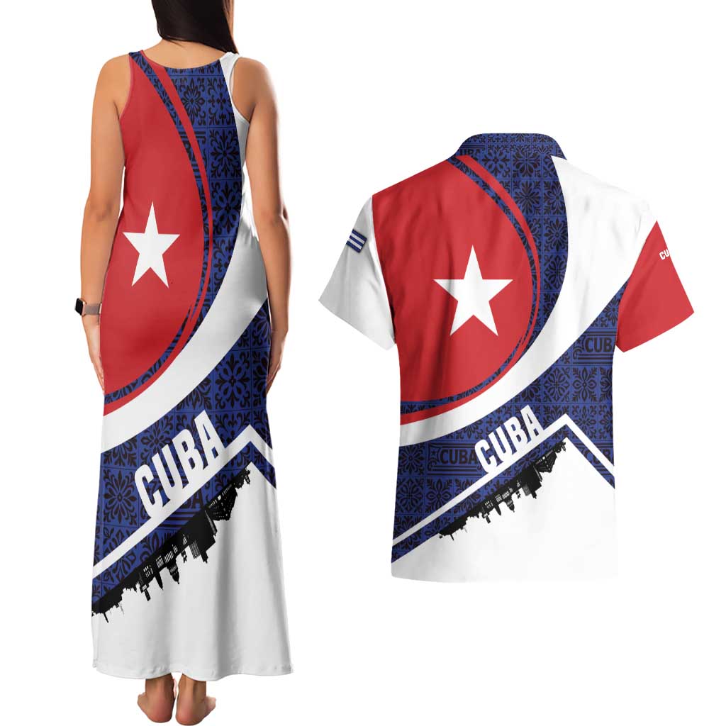 Cuba Flag Couples Matching Tank Maxi Dress and Hawaiian Shirt Red White and Blue Design with Cuban Star and Havana City Skyline - Wonder Print Shop