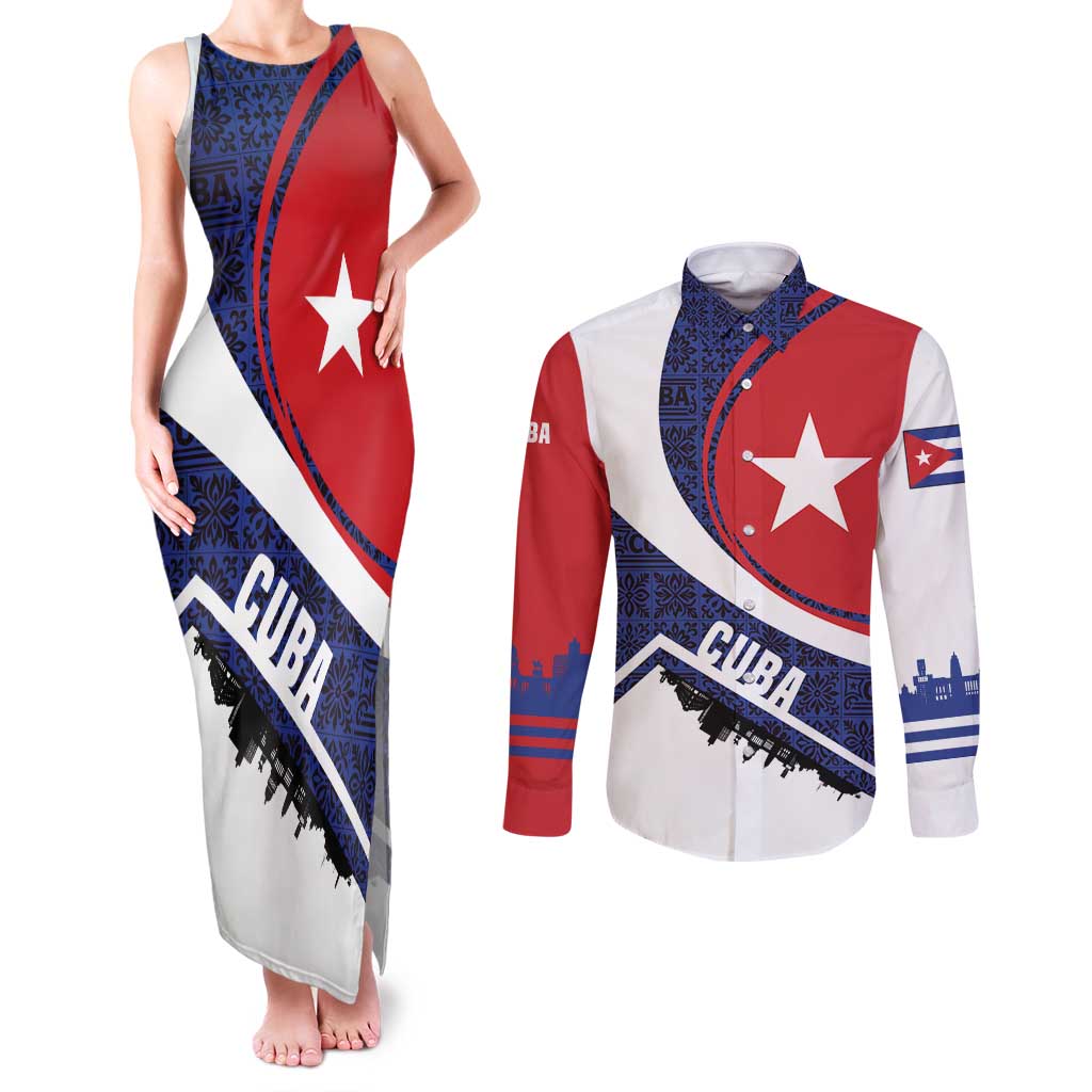 Cuba Flag Couples Matching Tank Maxi Dress and Long Sleeve Button Shirt Red White and Blue Design with Cuban Star and Havana City Skyline - Wonder Print Shop