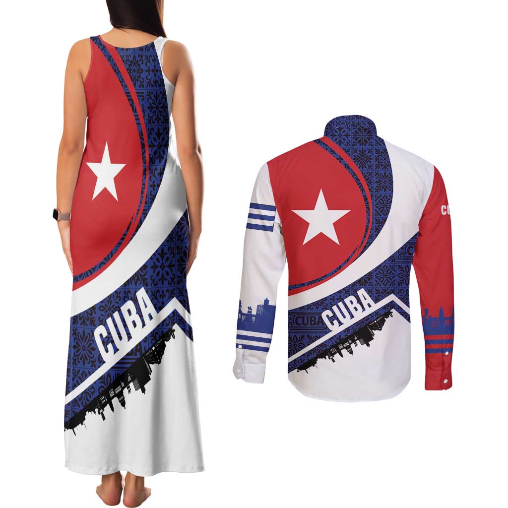 Cuba Flag Couples Matching Tank Maxi Dress and Long Sleeve Button Shirt Red White and Blue Design with Cuban Star and Havana City Skyline - Wonder Print Shop