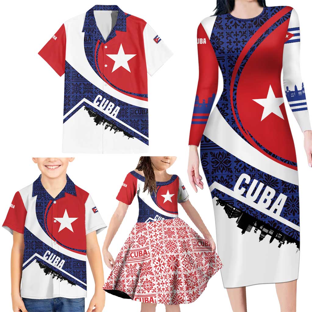 Cuba Flag Family Matching Long Sleeve Bodycon Dress and Hawaiian Shirt Red White and Blue Design with Cuban Star and Havana City Skyline - Wonder Print Shop