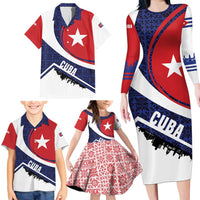 Cuba Flag Family Matching Long Sleeve Bodycon Dress and Hawaiian Shirt Red White and Blue Design with Cuban Star and Havana City Skyline - Wonder Print Shop