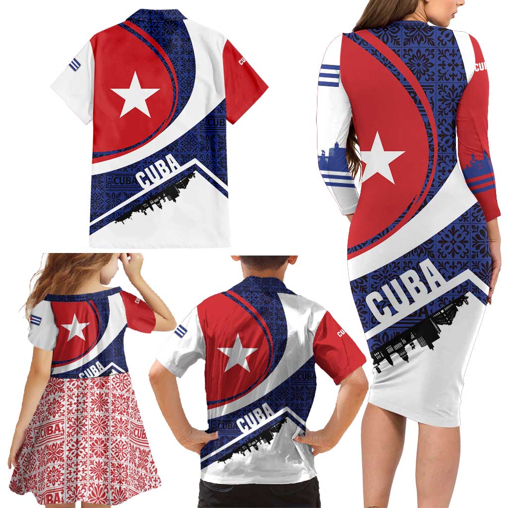 Cuba Flag Family Matching Long Sleeve Bodycon Dress and Hawaiian Shirt Red White and Blue Design with Cuban Star and Havana City Skyline - Wonder Print Shop