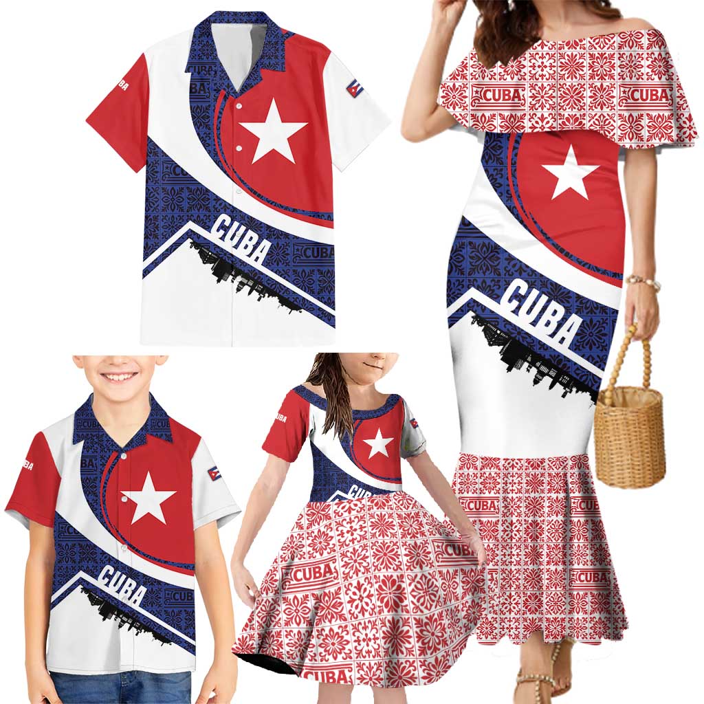 Cuba Flag Family Matching Mermaid Dress and Hawaiian Shirt Red White and Blue Design with Cuban Star and Havana City Skyline - Wonder Print Shop