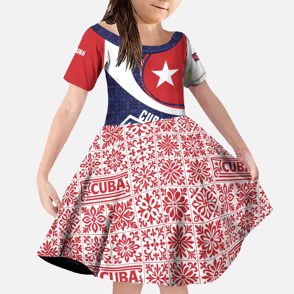 Cuba Flag Family Matching Off The Shoulder Long Sleeve Dress and Hawaiian Shirt Red White and Blue Design with Cuban Star and Havana City Skyline - Wonder Print Shop