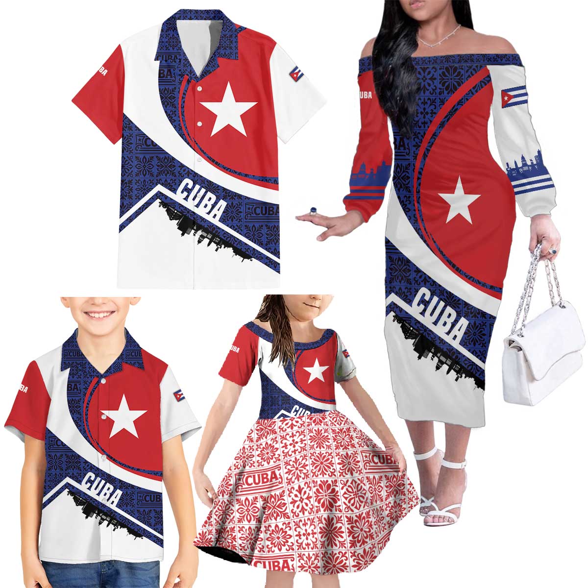 Cuba Flag Family Matching Off The Shoulder Long Sleeve Dress and Hawaiian Shirt Red White and Blue Design with Cuban Star and Havana City Skyline - Wonder Print Shop