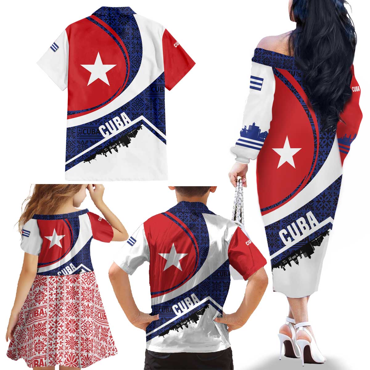 Cuba Flag Family Matching Off The Shoulder Long Sleeve Dress and Hawaiian Shirt Red White and Blue Design with Cuban Star and Havana City Skyline - Wonder Print Shop