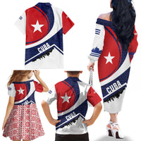Cuba Flag Family Matching Off The Shoulder Long Sleeve Dress and Hawaiian Shirt Red White and Blue Design with Cuban Star and Havana City Skyline - Wonder Print Shop