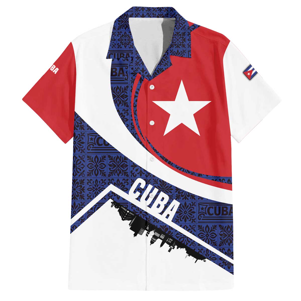 Cuba Flag Family Matching Off The Shoulder Long Sleeve Dress and Hawaiian Shirt Red White and Blue Design with Cuban Star and Havana City Skyline - Wonder Print Shop