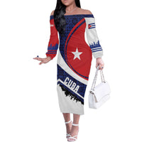 Cuba Flag Family Matching Off The Shoulder Long Sleeve Dress and Hawaiian Shirt Red White and Blue Design with Cuban Star and Havana City Skyline - Wonder Print Shop