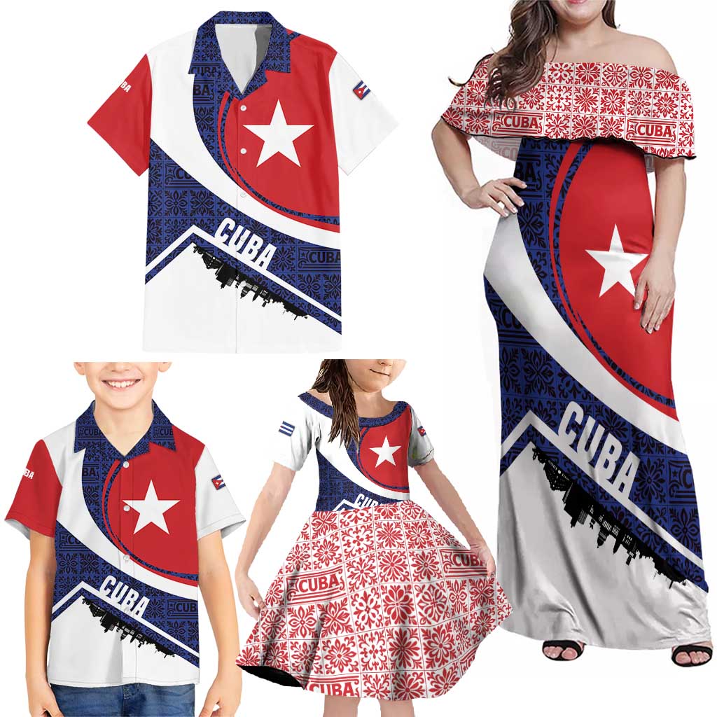 Cuba Flag Family Matching Off Shoulder Maxi Dress and Hawaiian Shirt Red White and Blue Design with Cuban Star and Havana City Skyline - Wonder Print Shop