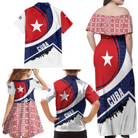 Cuba Flag Family Matching Off Shoulder Maxi Dress and Hawaiian Shirt Red White and Blue Design with Cuban Star and Havana City Skyline - Wonder Print Shop