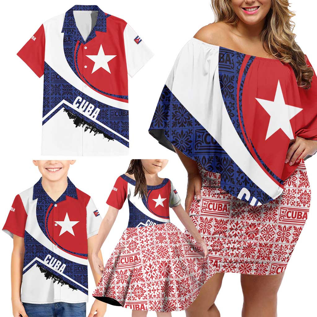 Cuba Flag Family Matching Off Shoulder Short Dress and Hawaiian Shirt Red White and Blue Design with Cuban Star and Havana City Skyline - Wonder Print Shop