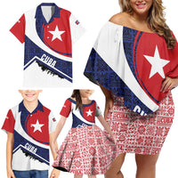 Cuba Flag Family Matching Off Shoulder Short Dress and Hawaiian Shirt Red White and Blue Design with Cuban Star and Havana City Skyline - Wonder Print Shop