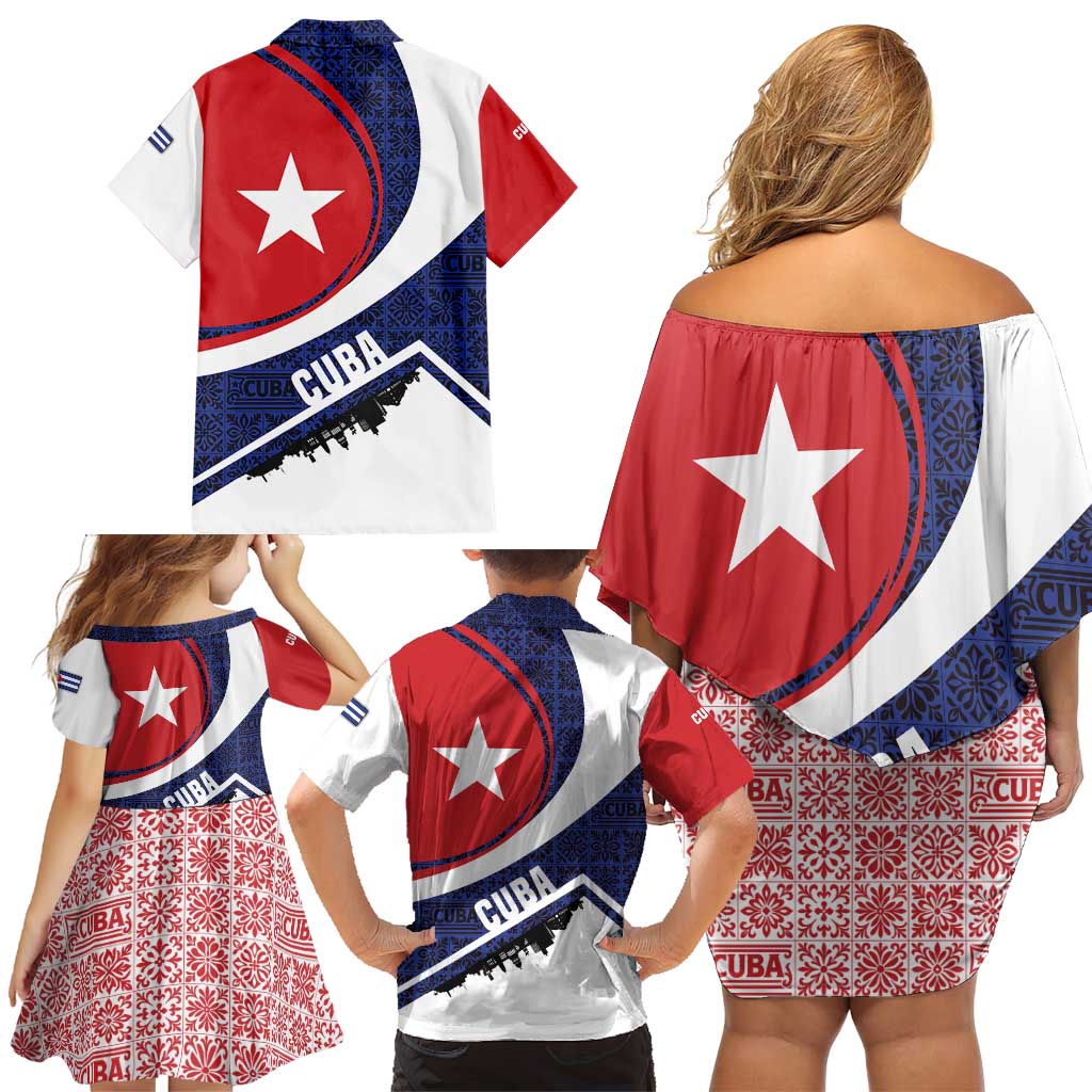 Cuba Flag Family Matching Off Shoulder Short Dress and Hawaiian Shirt Red White and Blue Design with Cuban Star and Havana City Skyline - Wonder Print Shop