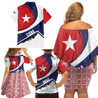 Cuba Flag Family Matching Off Shoulder Short Dress and Hawaiian Shirt Red White and Blue Design with Cuban Star and Havana City Skyline - Wonder Print Shop