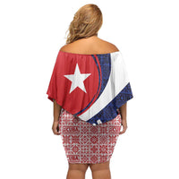 Cuba Flag Family Matching Off Shoulder Short Dress and Hawaiian Shirt Red White and Blue Design with Cuban Star and Havana City Skyline - Wonder Print Shop