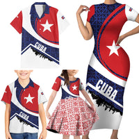 Cuba Flag Family Matching Short Sleeve Bodycon Dress and Hawaiian Shirt Red White and Blue Design with Cuban Star and Havana City Skyline - Wonder Print Shop