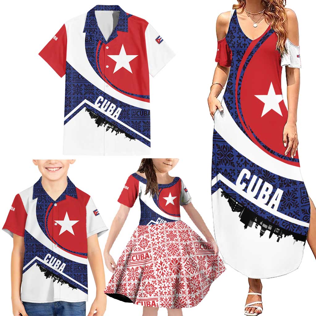 Cuba Flag Family Matching Summer Maxi Dress and Hawaiian Shirt Red White and Blue Design with Cuban Star and Havana City Skyline - Wonder Print Shop