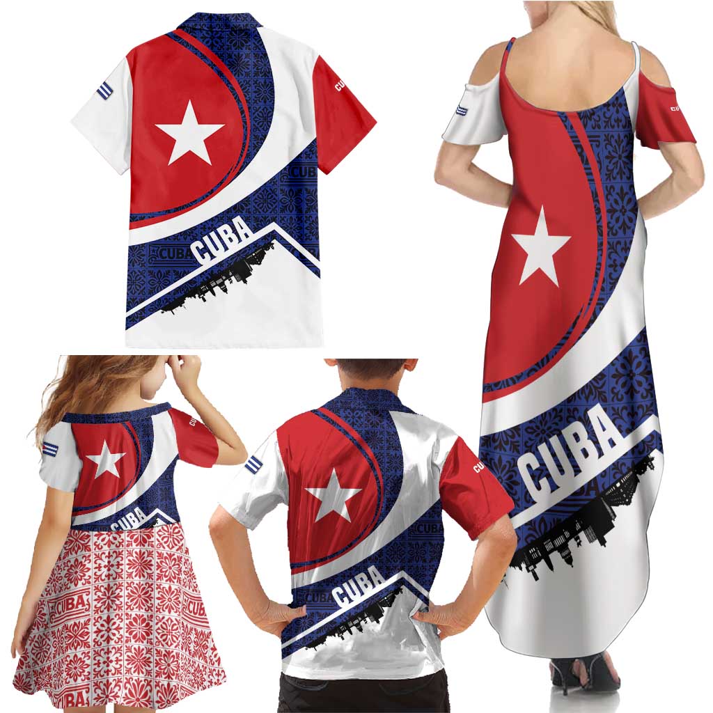 Cuba Flag Family Matching Summer Maxi Dress and Hawaiian Shirt Red White and Blue Design with Cuban Star and Havana City Skyline - Wonder Print Shop