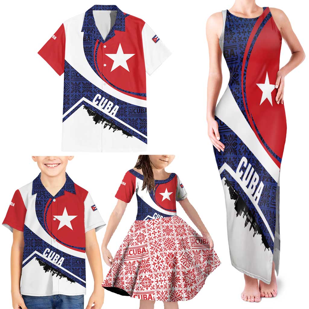 Cuba Flag Family Matching Tank Maxi Dress and Hawaiian Shirt Red White and Blue Design with Cuban Star and Havana City Skyline - Wonder Print Shop