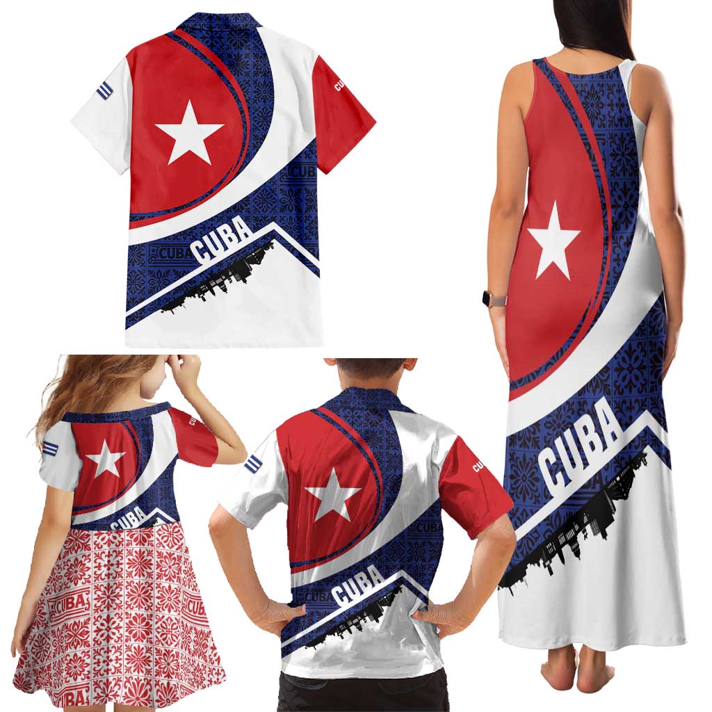 Cuba Flag Family Matching Tank Maxi Dress and Hawaiian Shirt Red White and Blue Design with Cuban Star and Havana City Skyline - Wonder Print Shop