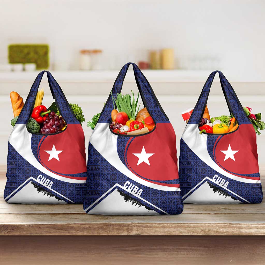 Cuba Flag Grocery Bag Red White and Blue Design with Cuban Star and Havana City Skyline - Wonder Print Shop