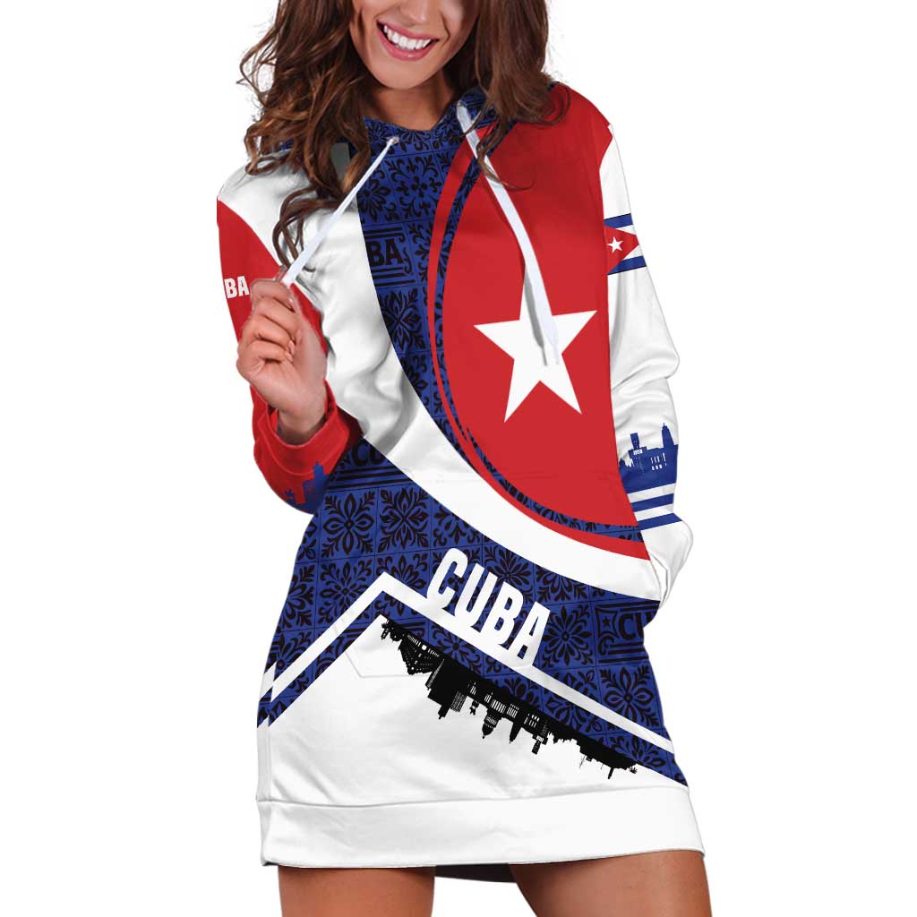 Cuba Flag Hoodie Dress Red White and Blue Design with Cuban Star and Havana City Skyline - Wonder Print Shop
