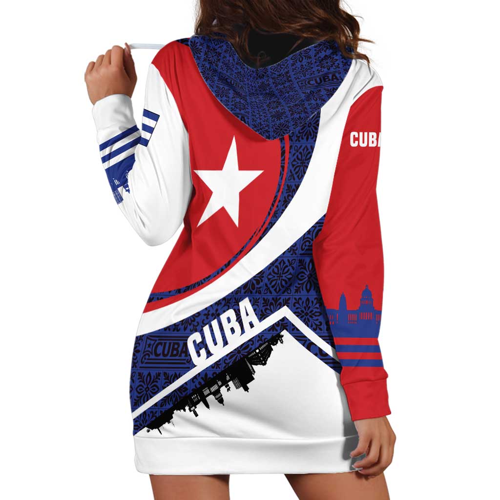 Cuba Flag Hoodie Dress Red White and Blue Design with Cuban Star and Havana City Skyline - Wonder Print Shop
