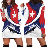 Cuba Flag Hoodie Dress Red White and Blue Design with Cuban Star and Havana City Skyline - Wonder Print Shop