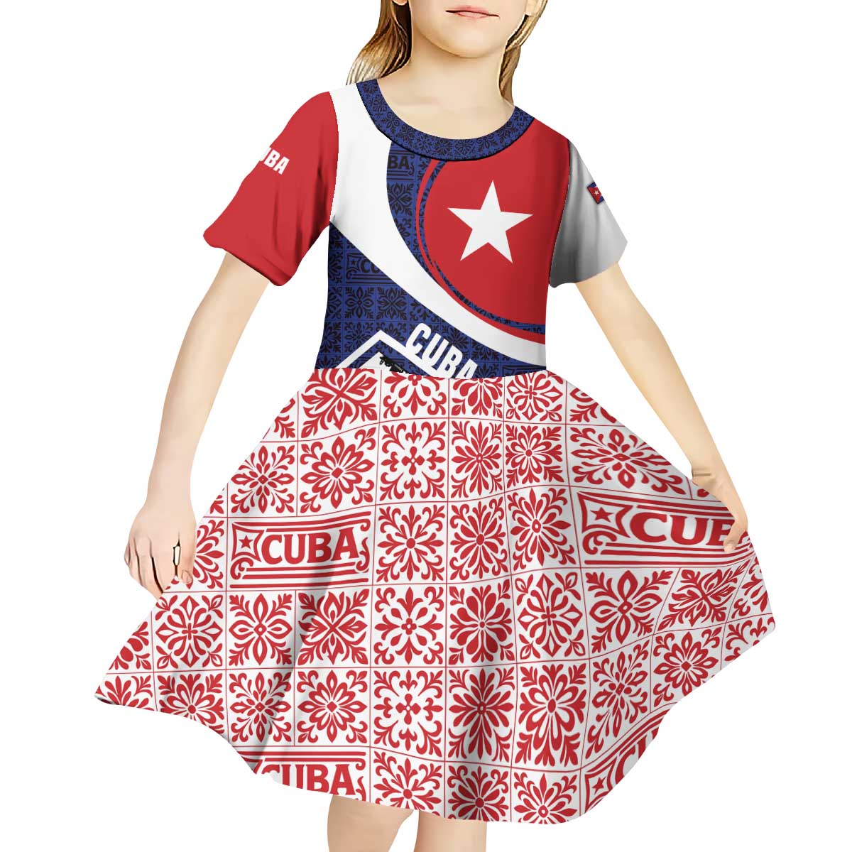 Cuba Flag Kid Short Sleeve Dress Red White and Blue Design with Cuban Star and Havana City Skyline - Wonder Print Shop