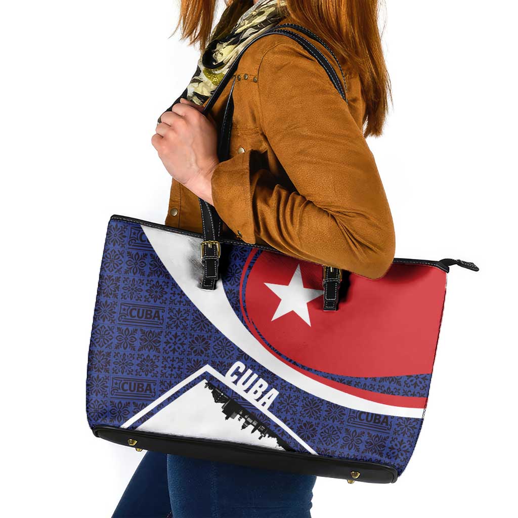 Cuba Flag Leather Tote Bag Red White and Blue Design with Cuban Star and Havana City Skyline - Wonder Print Shop
