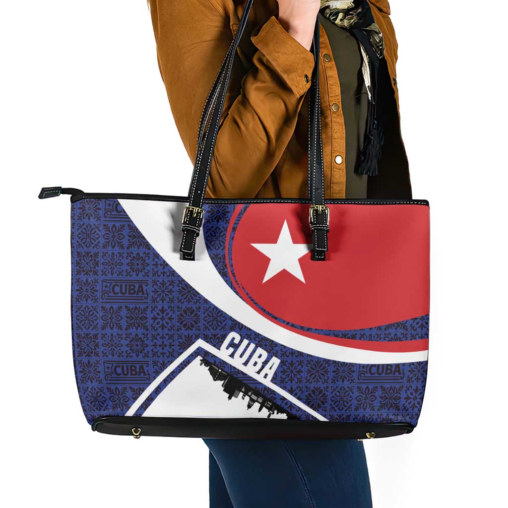 Cuba Flag Leather Tote Bag Red White and Blue Design with Cuban Star and Havana City Skyline - Wonder Print Shop