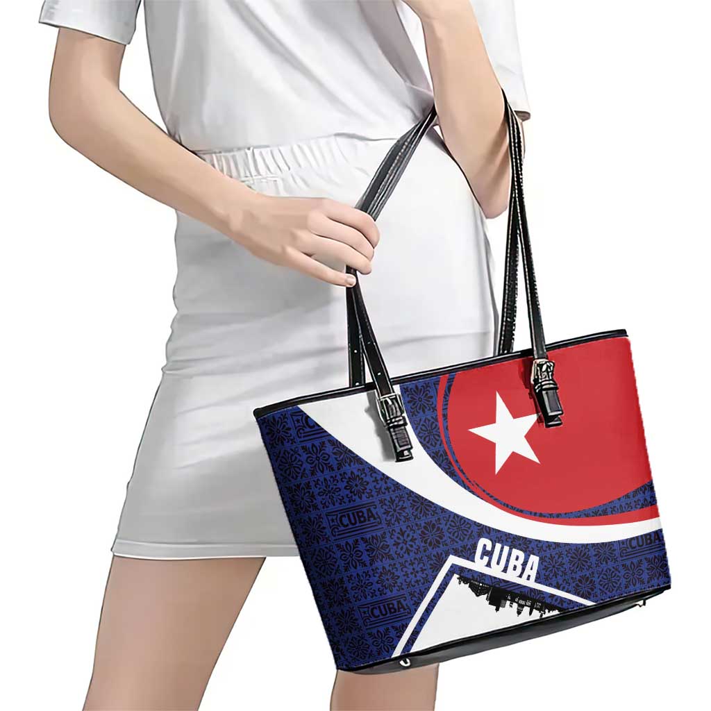 Cuba Flag Leather Tote Bag Red White and Blue Design with Cuban Star and Havana City Skyline - Wonder Print Shop