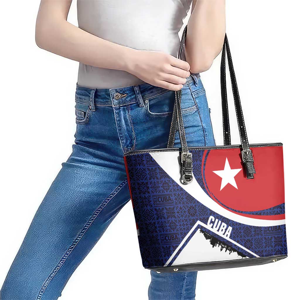 Cuba Flag Leather Tote Bag Red White and Blue Design with Cuban Star and Havana City Skyline - Wonder Print Shop