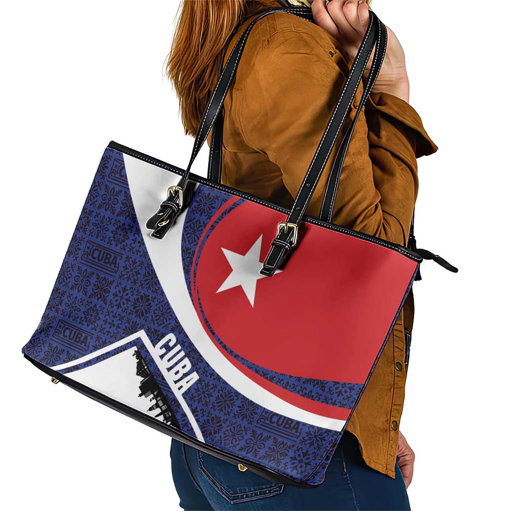 Cuba Flag Leather Tote Bag Red White and Blue Design with Cuban Star and Havana City Skyline - Wonder Print Shop