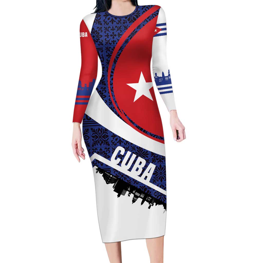 Cuba Flag Long Sleeve Bodycon Dress Red White and Blue Design with Cuban Star and Havana City Skyline - Wonder Print Shop