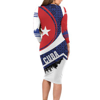 Cuba Flag Long Sleeve Bodycon Dress Red White and Blue Design with Cuban Star and Havana City Skyline - Wonder Print Shop