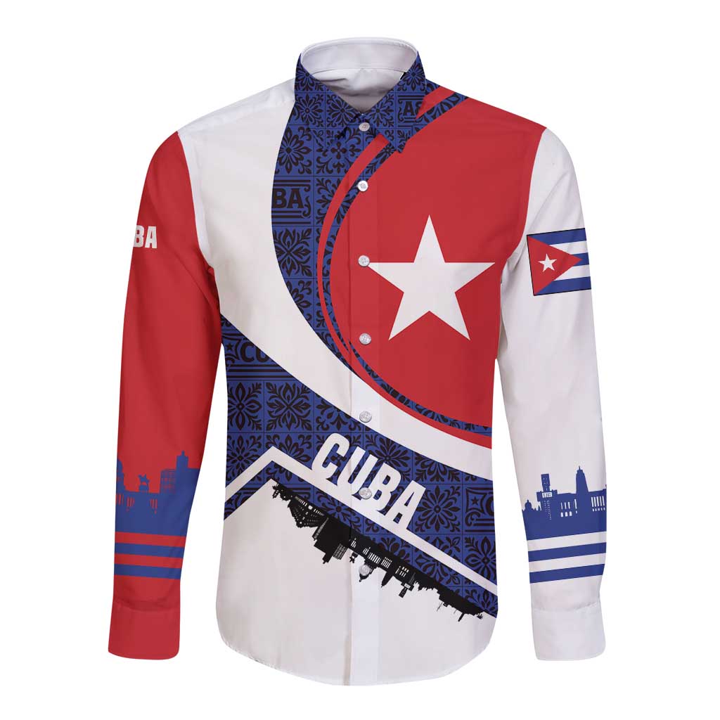 Cuba Flag Long Sleeve Button Shirt Red White and Blue Design with Cuban Star and Havana City Skyline - Wonder Print Shop
