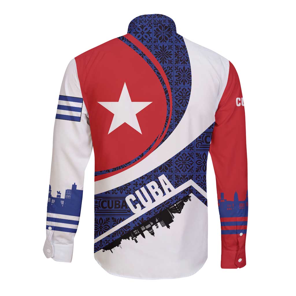Cuba Flag Long Sleeve Button Shirt Red White and Blue Design with Cuban Star and Havana City Skyline - Wonder Print Shop
