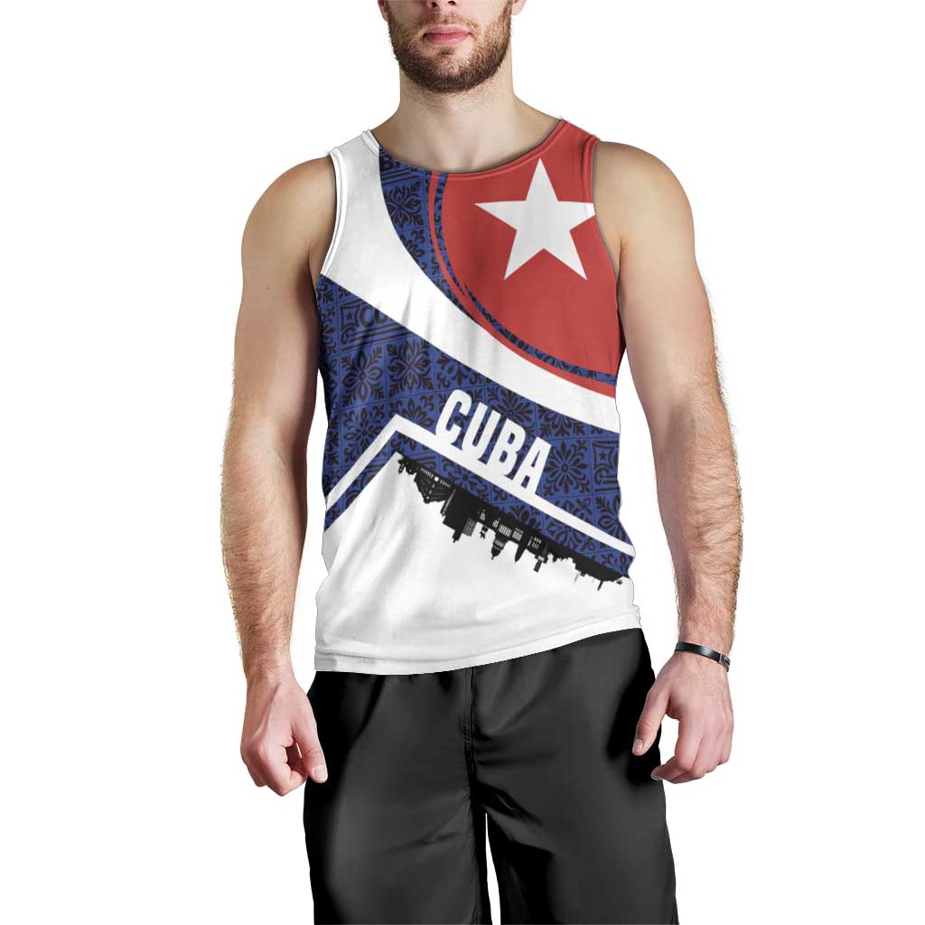 Cuba Flag Men Tank Top Red White and Blue Design with Cuban Star and Havana City Skyline - Wonder Print Shop