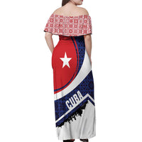 Cuba Flag Off Shoulder Maxi Dress Red White and Blue Design with Cuban Star and Havana City Skyline - Wonder Print Shop