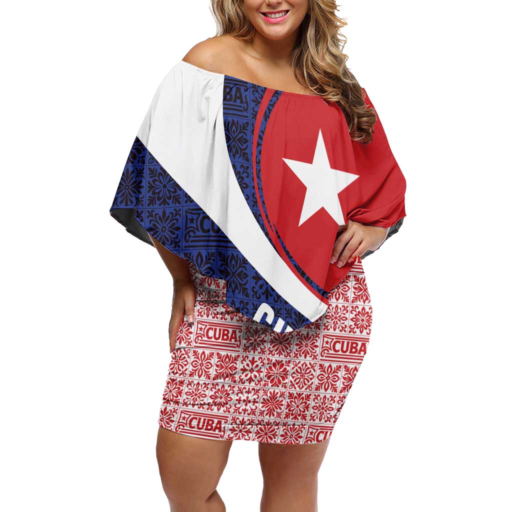 Cuba Flag Off Shoulder Short Dress Red White and Blue Design with Cuban Star and Havana City Skyline - Wonder Print Shop
