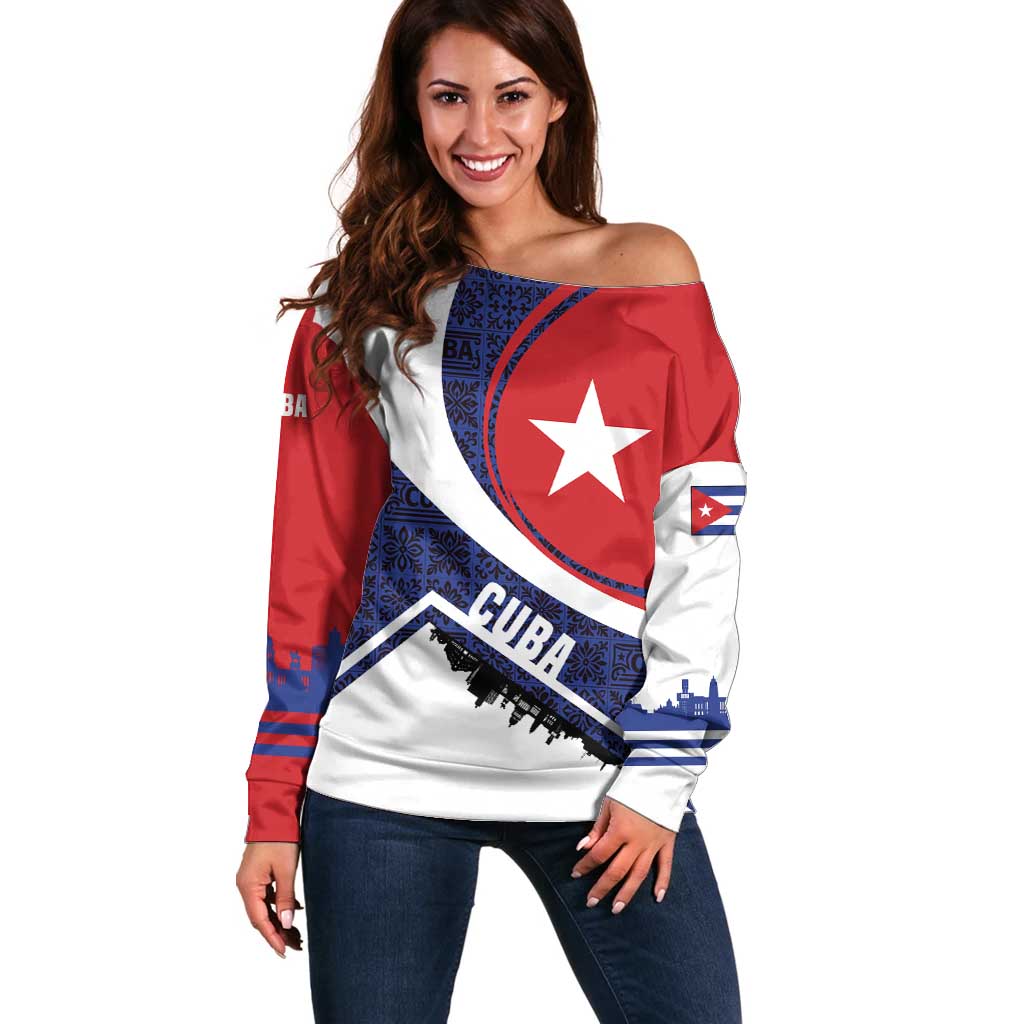 Cuba Flag Off Shoulder Sweater Red White and Blue Design with Cuban Star and Havana City Skyline - Wonder Print Shop
