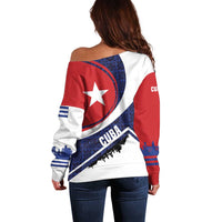 Cuba Flag Off Shoulder Sweater Red White and Blue Design with Cuban Star and Havana City Skyline - Wonder Print Shop