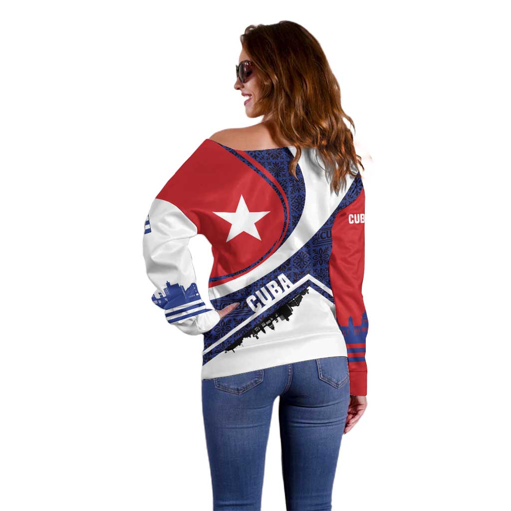 Cuba Flag Off Shoulder Sweater Red White and Blue Design with Cuban Star and Havana City Skyline - Wonder Print Shop