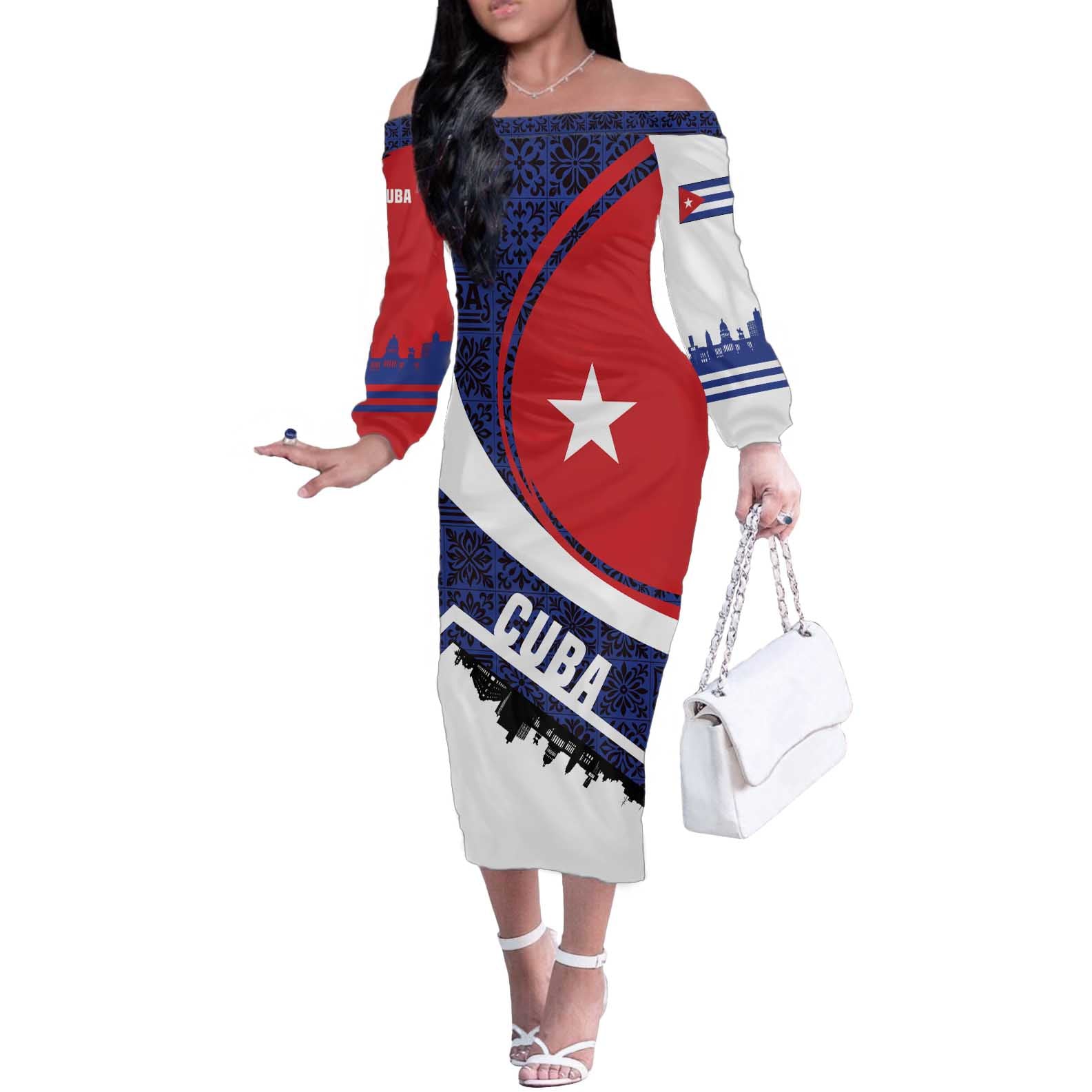 Cuba Flag Off The Shoulder Long Sleeve Dress Red White and Blue Design with Cuban Star and Havana City Skyline - Wonder Print Shop