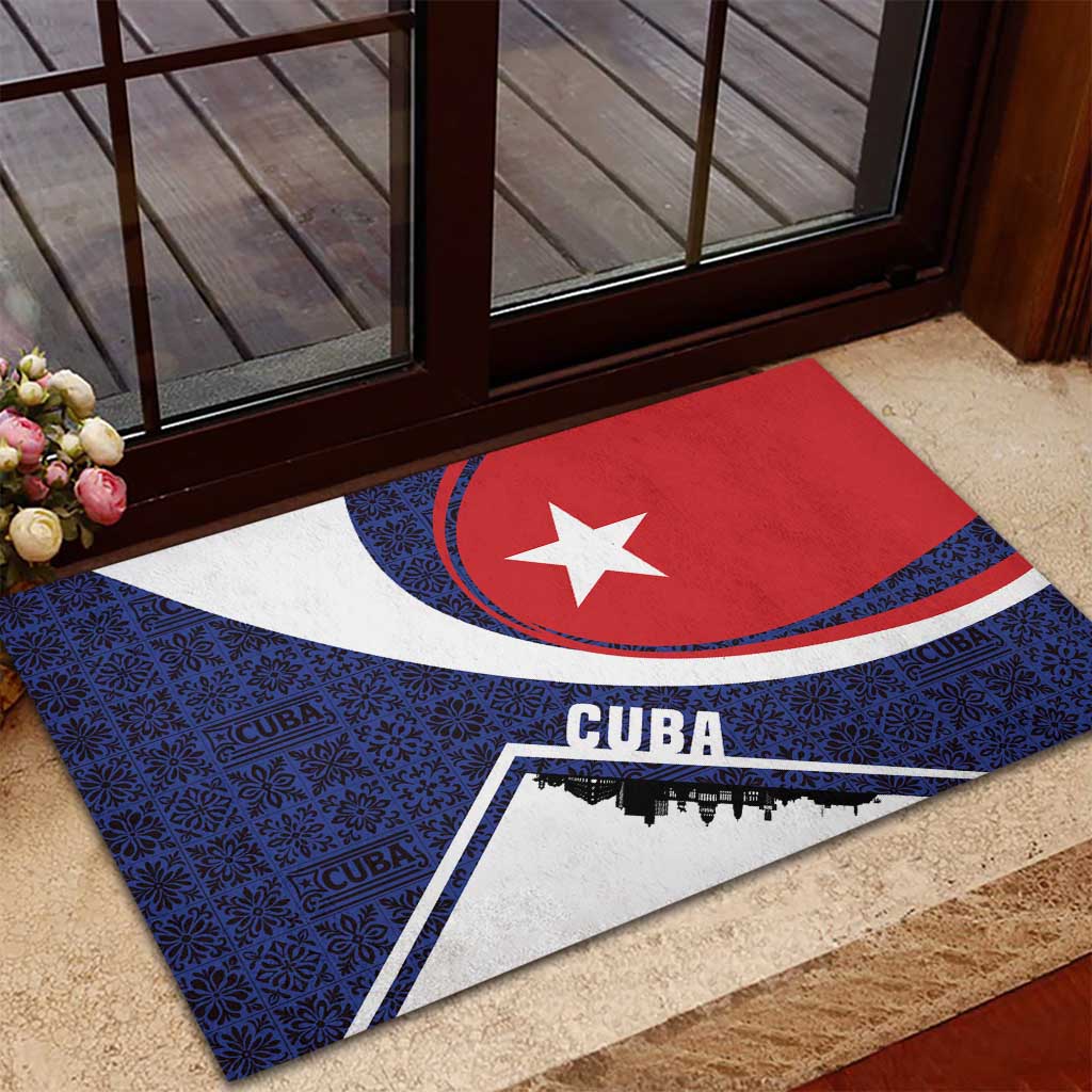 Cuba Flag Rubber Doormat Red White and Blue Design with Cuban Star and Havana City Skyline - Wonder Print Shop